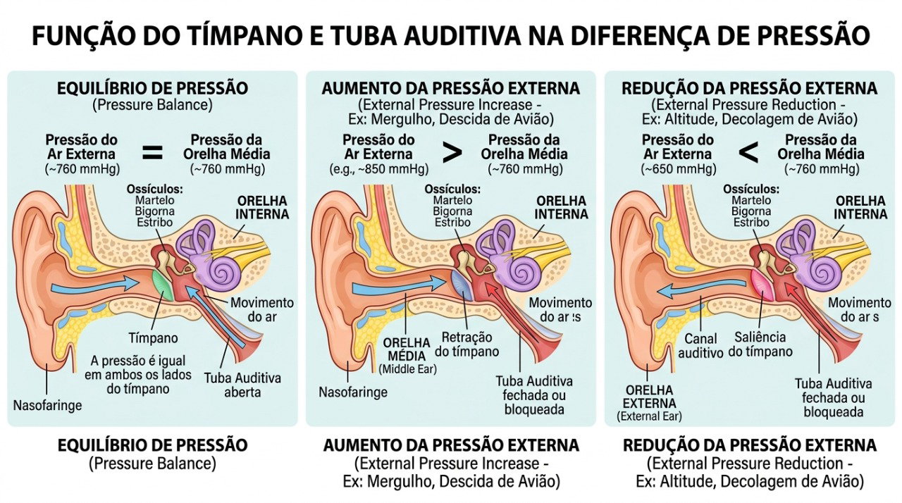 A tuba auditiva ajuda a equilibrar a pressão entre o ouvido médio e o ambiente.