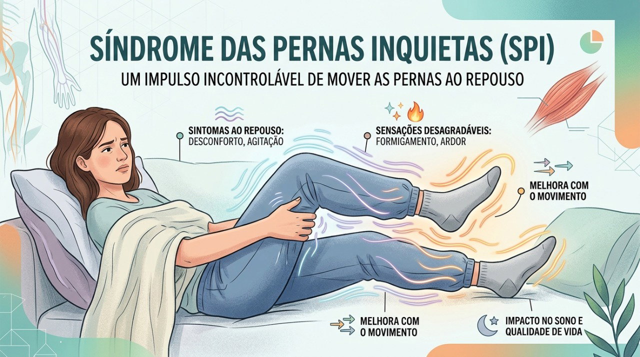 O desconforto nas pernas tende a surgir no repouso e melhorar temporariamente com o movimento.