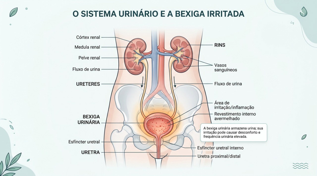 A irritação da bexiga pode causar ardência, urgência e aumento da frequência urinária.