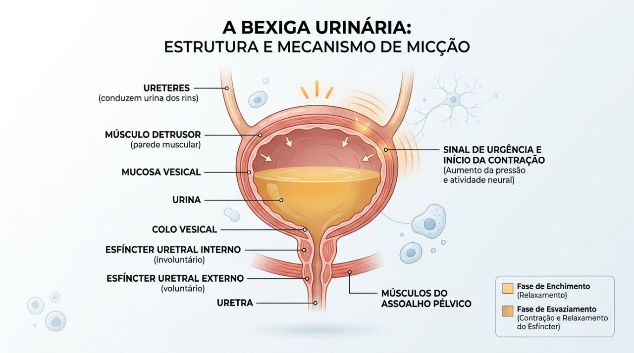 Contrações da bexiga podem provocar vontade súbita de urinar e favorecer escapes.