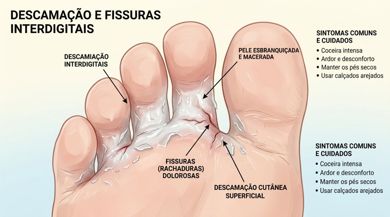 A frieira entre os dedos pode causar maceração, descamação e pequenas fissuras na pele.