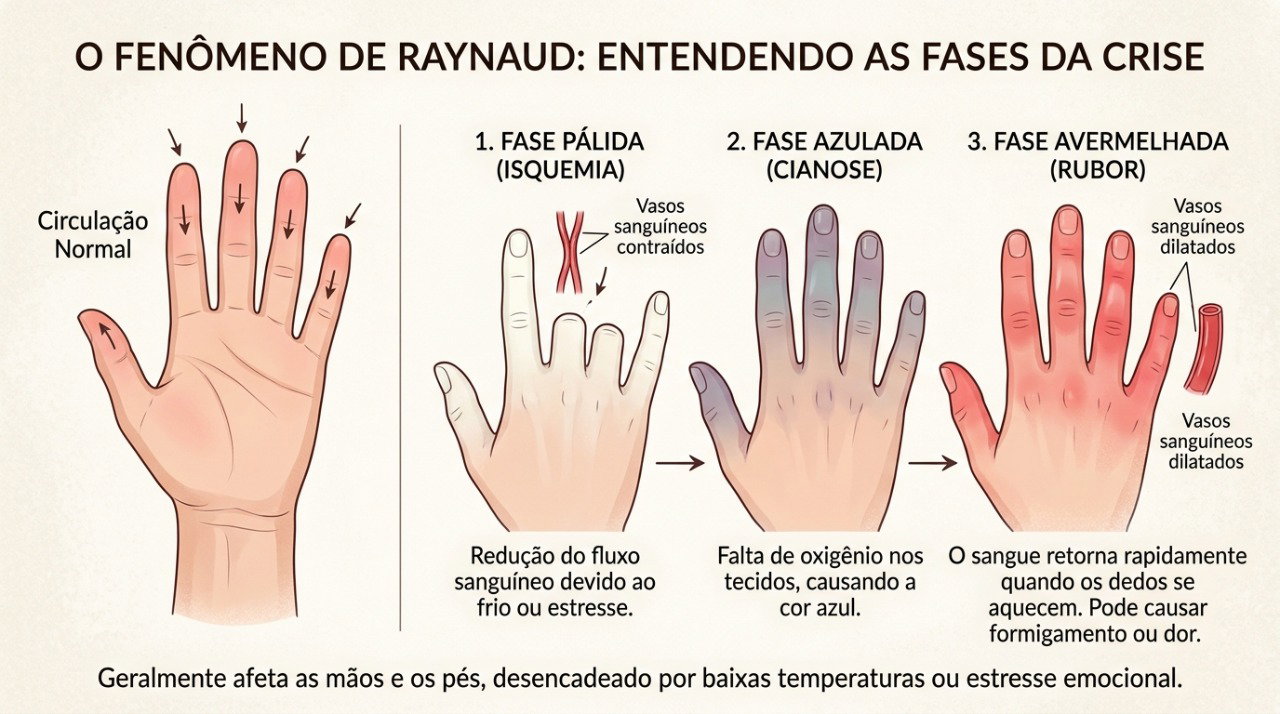 No fenômeno de Raynaud, os dedos podem mudar de cor durante crises desencadeadas pelo frio.