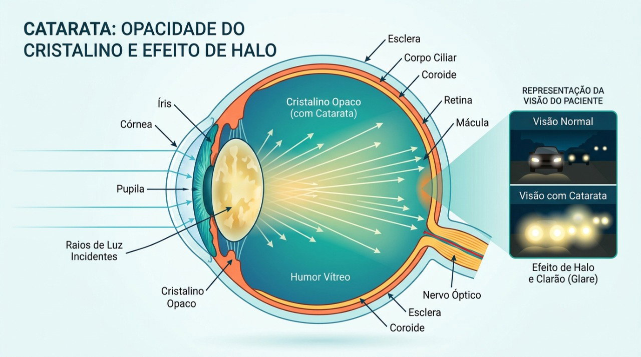 Na catarata, a opacidade do cristalino pode espalhar a luz e favorecer halos e visão embaçada.