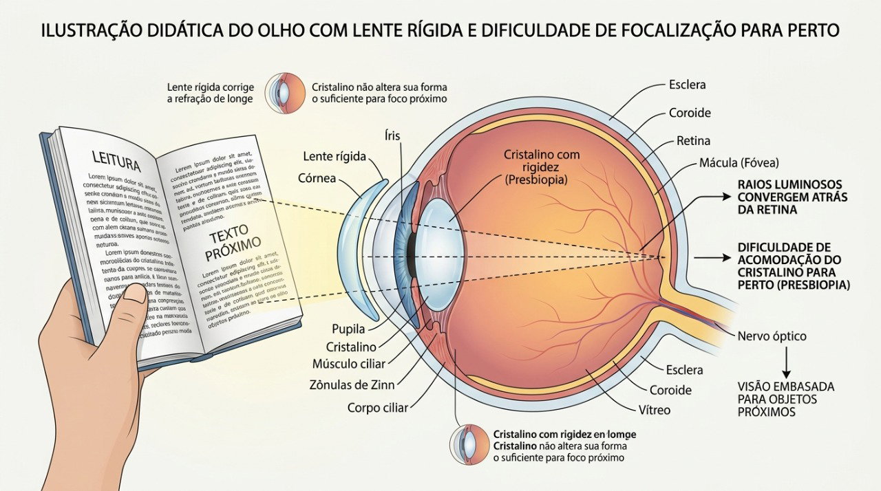 Com a idade, o cristalino perde flexibilidade e torna mais difícil focar objetos próximos.