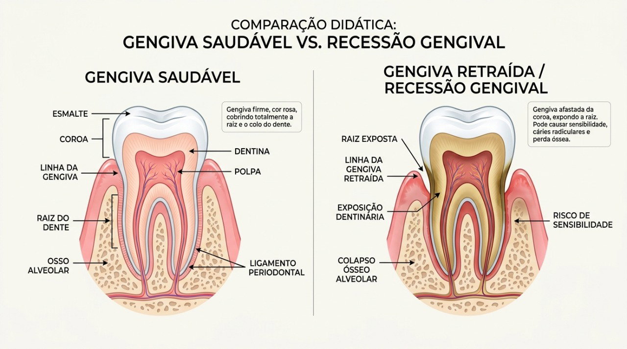 A gengiva retraída expõe parte da raiz do dente e pode favorecer sensibilidade.