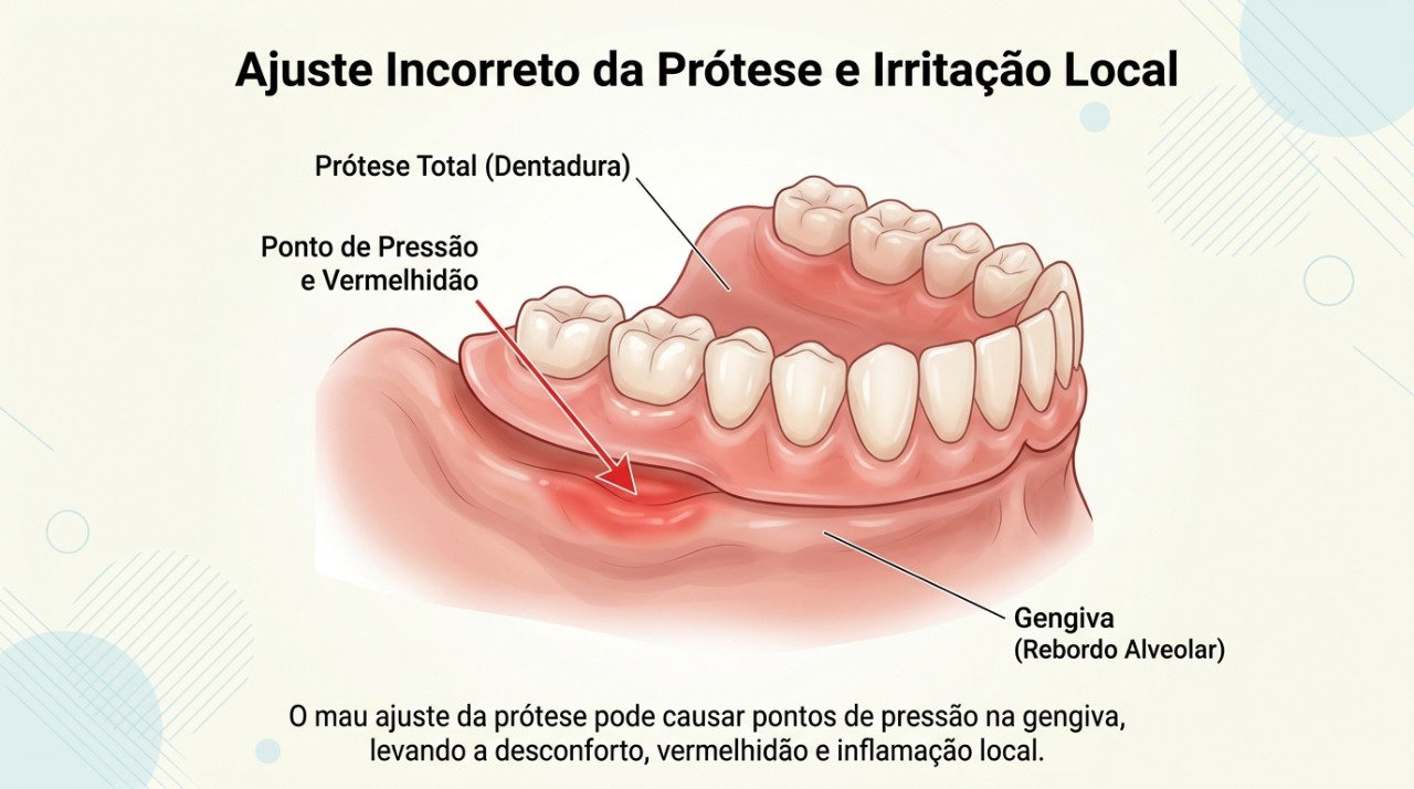 Uma prótese mal ajustada pode pressionar a gengiva e provocar feridas doloridas.