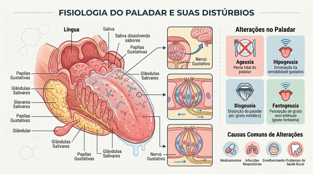 Alterações na língua, saliva ou percepção do paladar podem provocar sensação de gosto metálico.