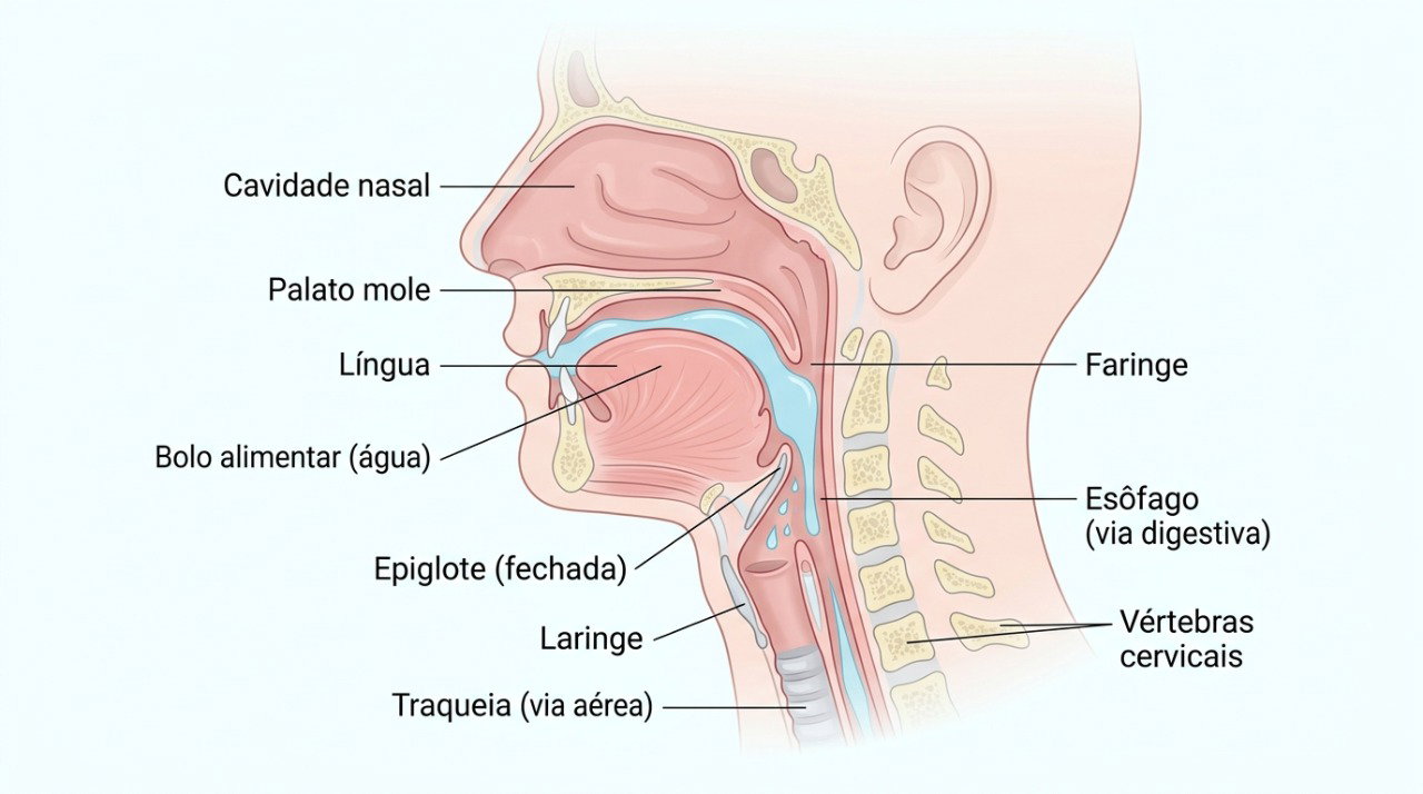 A passagem de líquido perto da via respiratória pode provocar tosse e engasgo ao engolir.