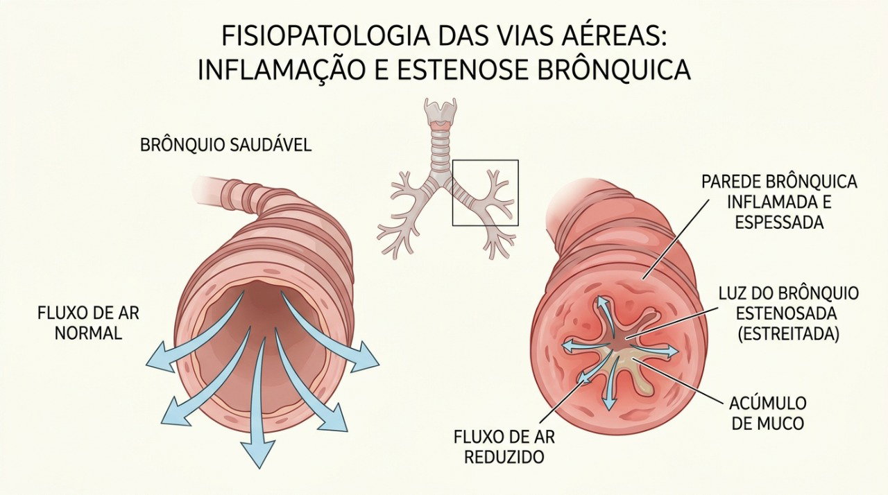 O estreitamento dos brônquios pode dificultar a passagem do ar e provocar chiado no peito.