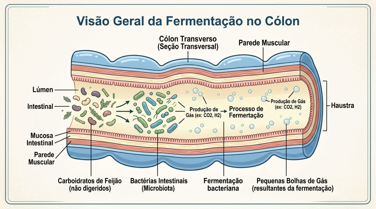 Bactérias do intestino fermentam carboidratos não digeridos e produzem gases.