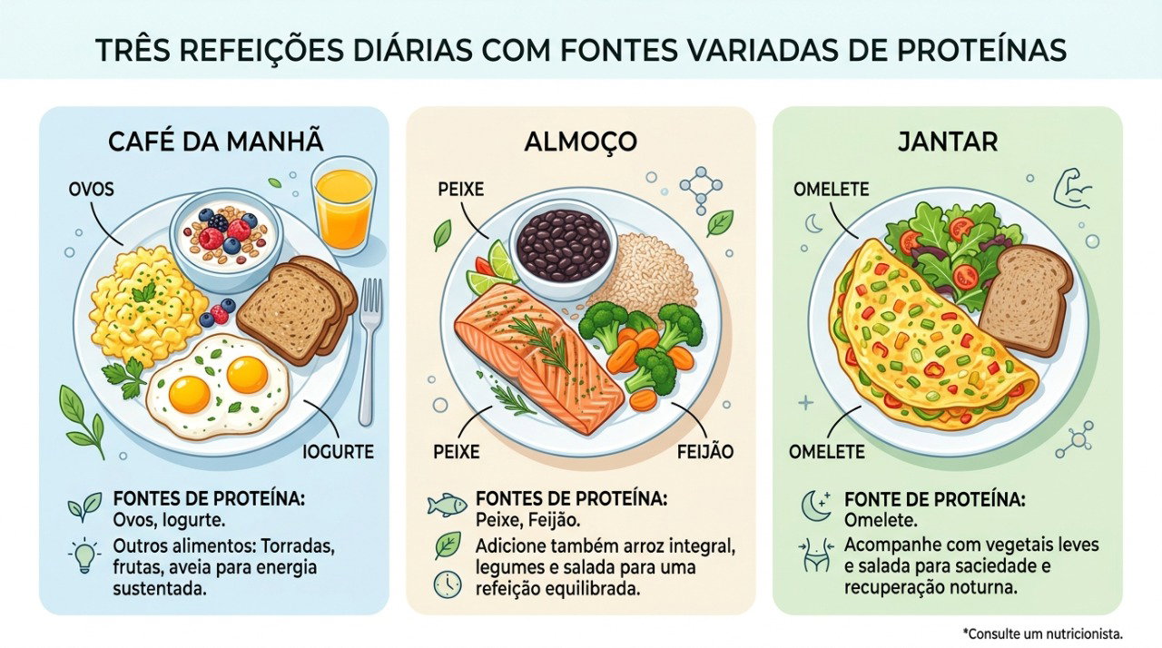 Incluir fontes proteicas em diferentes refeições ajuda a distribuir melhor a ingestão ao longo do dia.