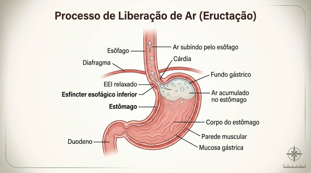 O ar engolido durante a refeição pode se acumular no estômago e sair em forma de arroto.