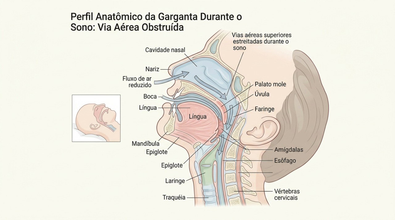 Na apneia obstrutiva do sono, o estreitamento da via aérea pode interromper repetidamente a respiração durante a noite.