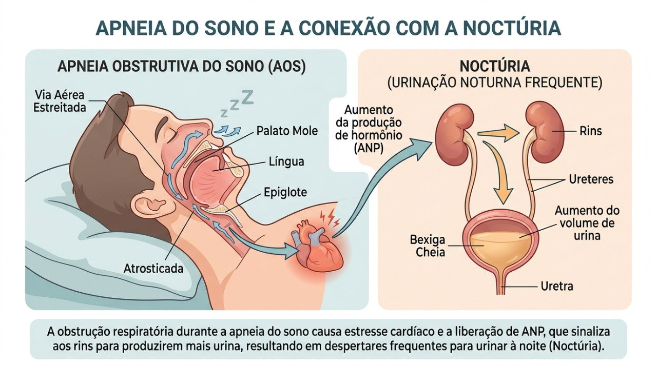 A apneia do sono pode favorecer despertares repetidos e aumento da produção de urina durante a noite.