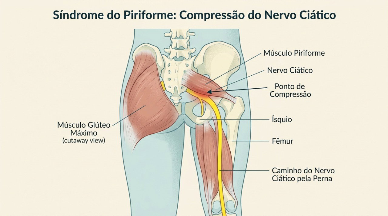 A síndrome do piriforme pode ocorrer quando o músculo comprime o nervo ciático na região do glúteo.