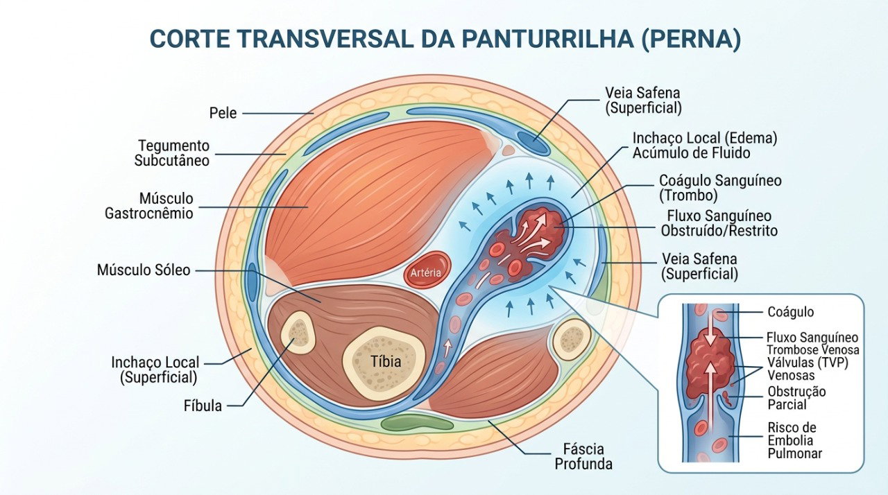 Na trombose venosa profunda, um coágulo pode bloquear o fluxo de sangue em uma veia profunda da perna.