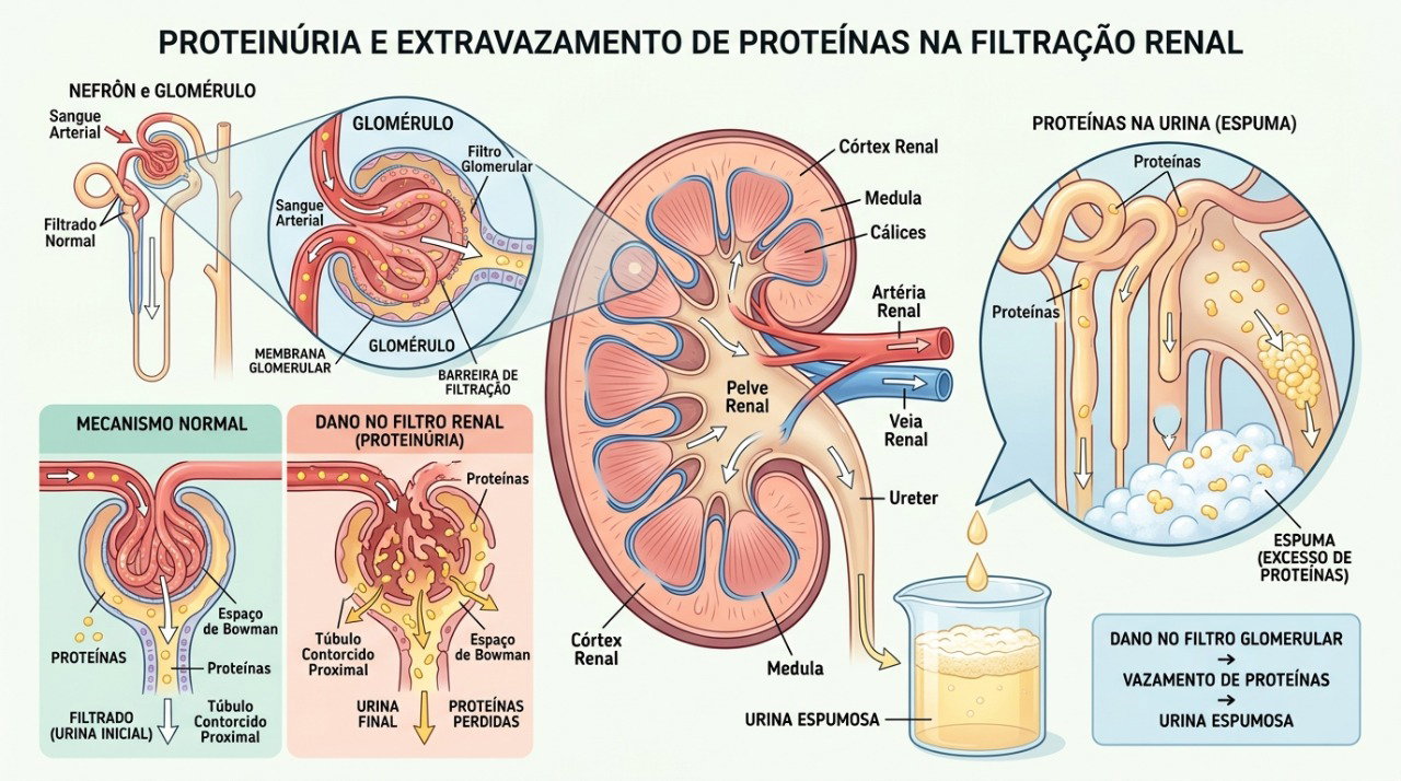 A perda de proteínas pelos rins pode contribuir para urina espumosa persistente e inchaço.