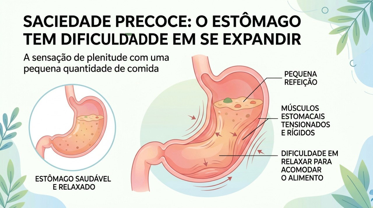 Na dispepsia funcional, alterações na acomodação do estômago podem contribuir para a saciedade precoce.