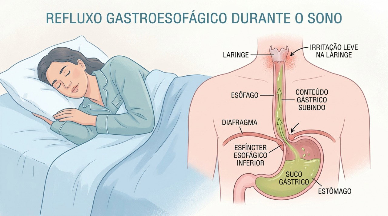 O refluxo noturno pode levar conteúdo do estômago até a garganta e contribuir para rouquidão e gosto ácido.