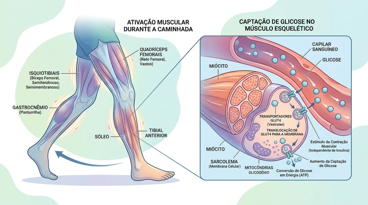 Durante a caminhada, os músculos aumentam o uso de glicose como fonte de energia.