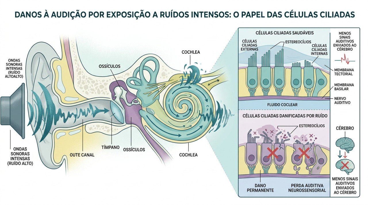 Sons muito intensos podem danificar estruturas do ouvido interno e favorecer o aparecimento de zumbido.
