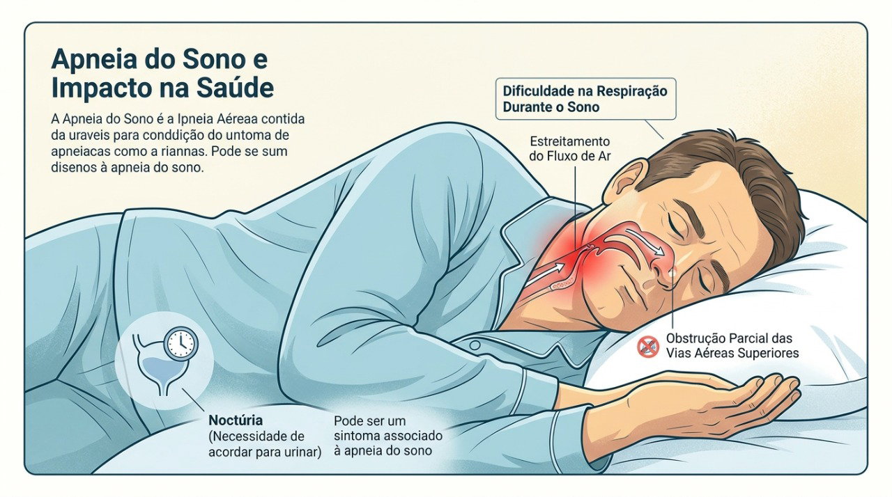 A apneia do sono pode fragmentar o descanso e estar associada a mais idas ao banheiro durante a noite.