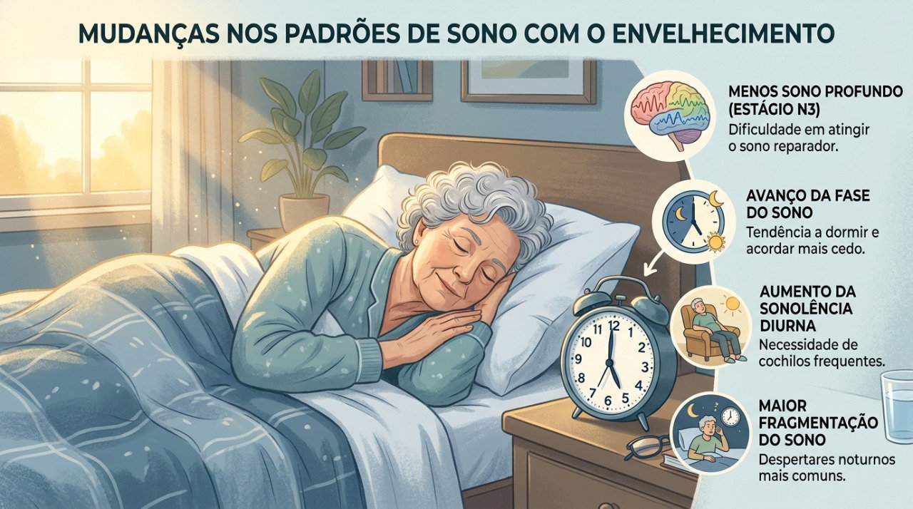 O relógio biológico pode se adiantar com a idade, favorecendo sono e despertar mais cedo.