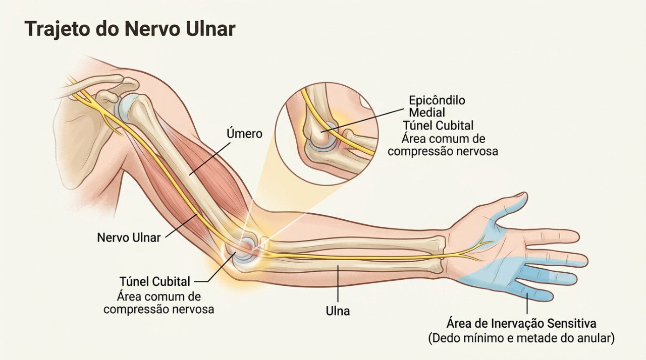 O nervo ulnar passa pelo cotovelo e leva sensibilidade ao mindinho e a parte do dedo anelar.