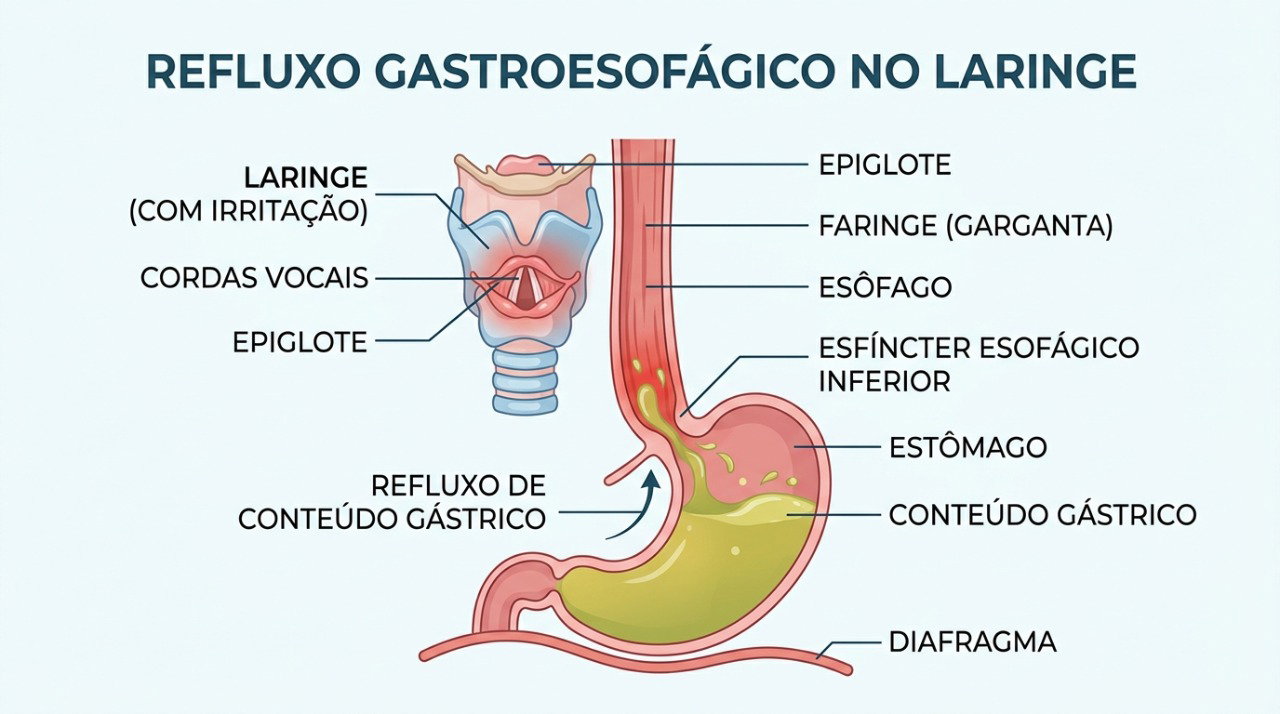 O refluxo pode alcançar a garganta e contribuir para tosse, pigarro e rouquidão.