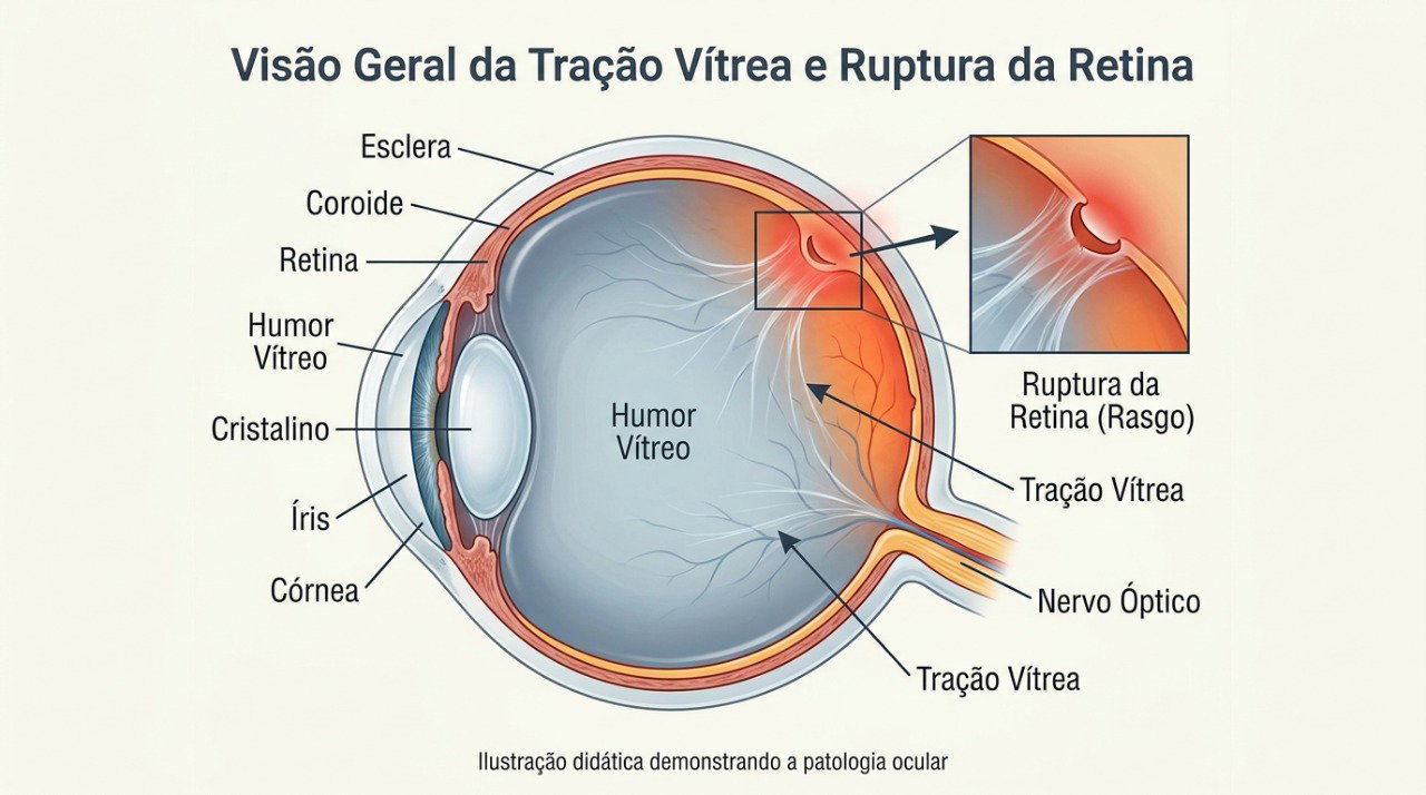 Alterações no vítreo podem tracionar a retina e provocar flashes ou novas moscas volantes.