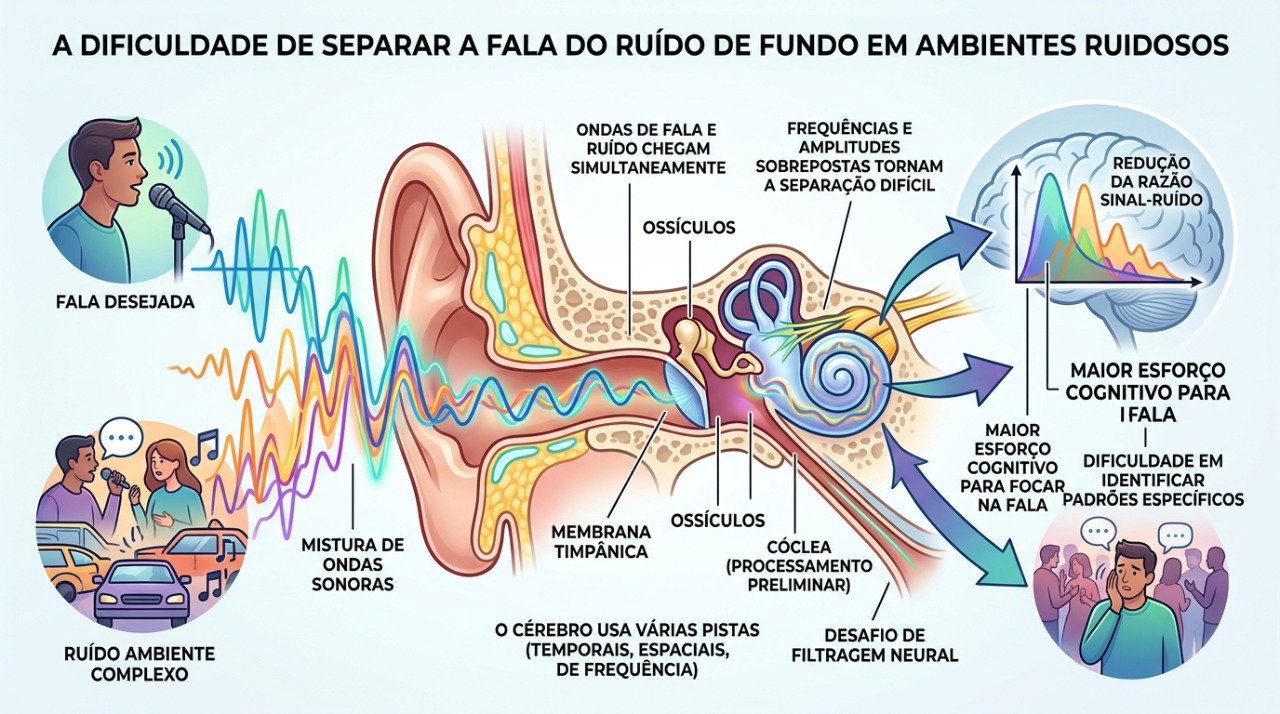 O ruído de fundo pode dificultar a compreensão da fala, especialmente quando existe perda auditiva.