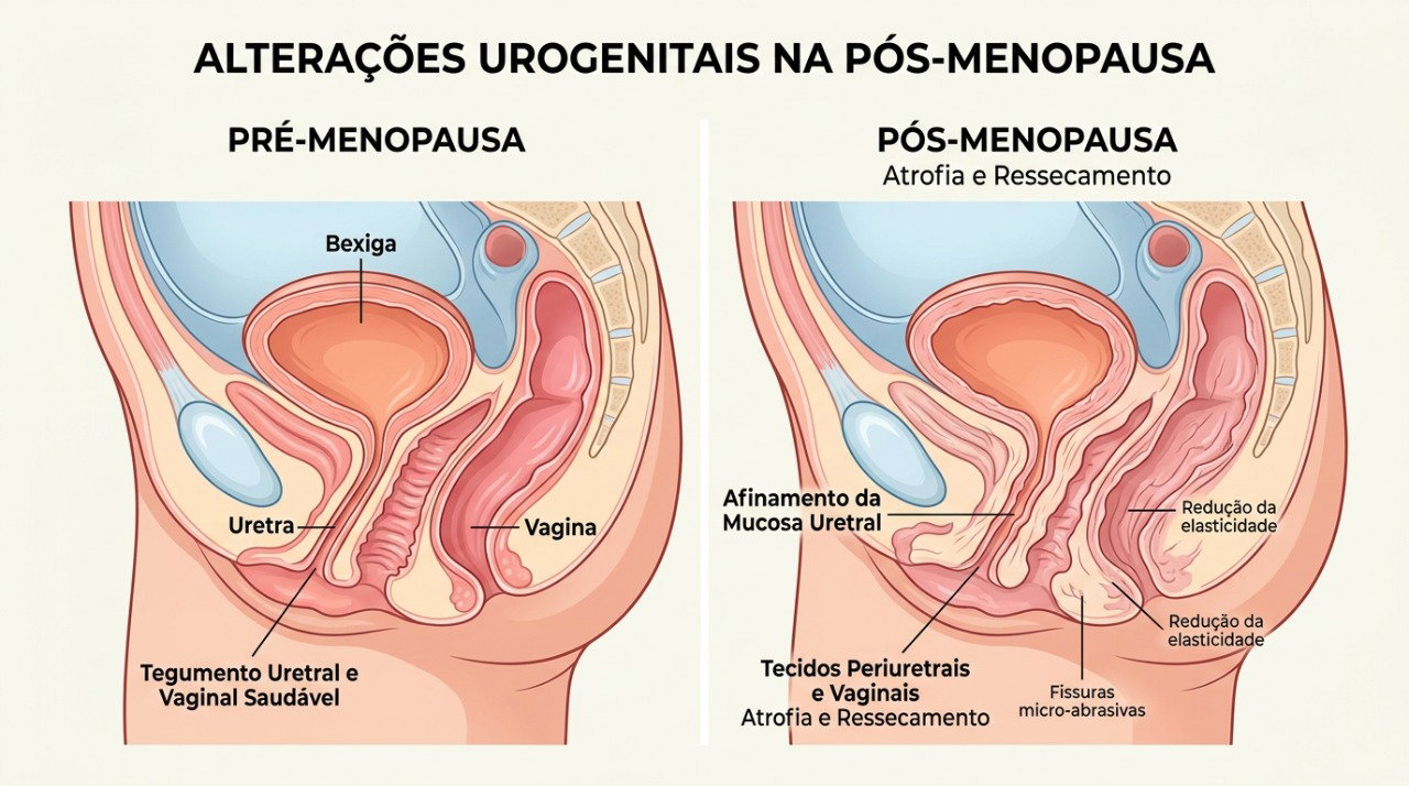 A queda do estrogênio pode deixar os tecidos íntimos e urinários mais secos e sensíveis.