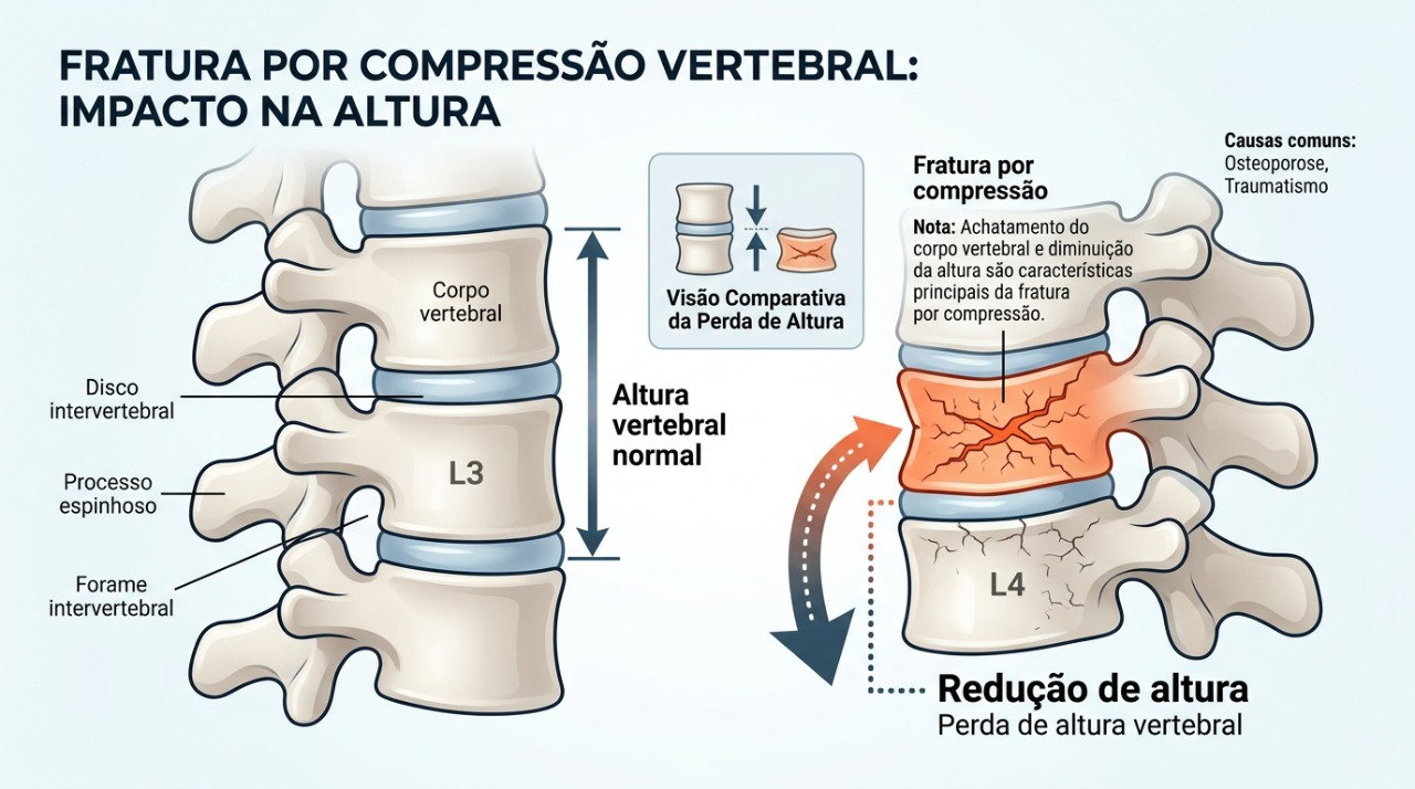 Fraturas por compressão nas vértebras podem contribuir para perda de altura e postura curvada.