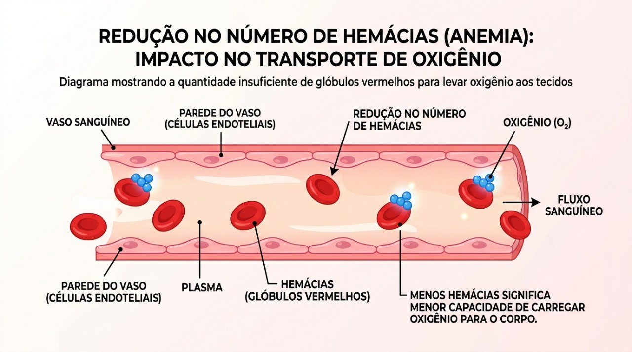 Na anemia, a redução de glóbulos vermelhos ou hemoglobina pode diminuir o transporte de oxigênio pelo corpo.