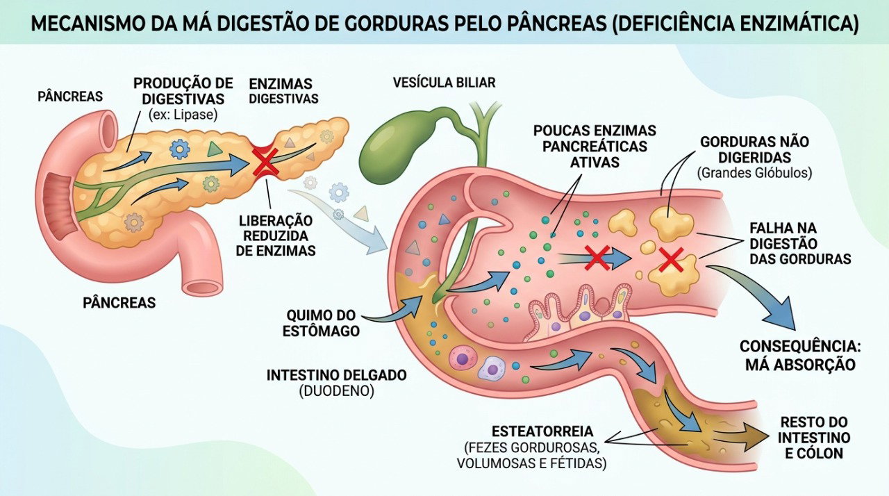 A falta de enzimas digestivas pode dificultar a absorção de gorduras e favorecer a esteatorreia.