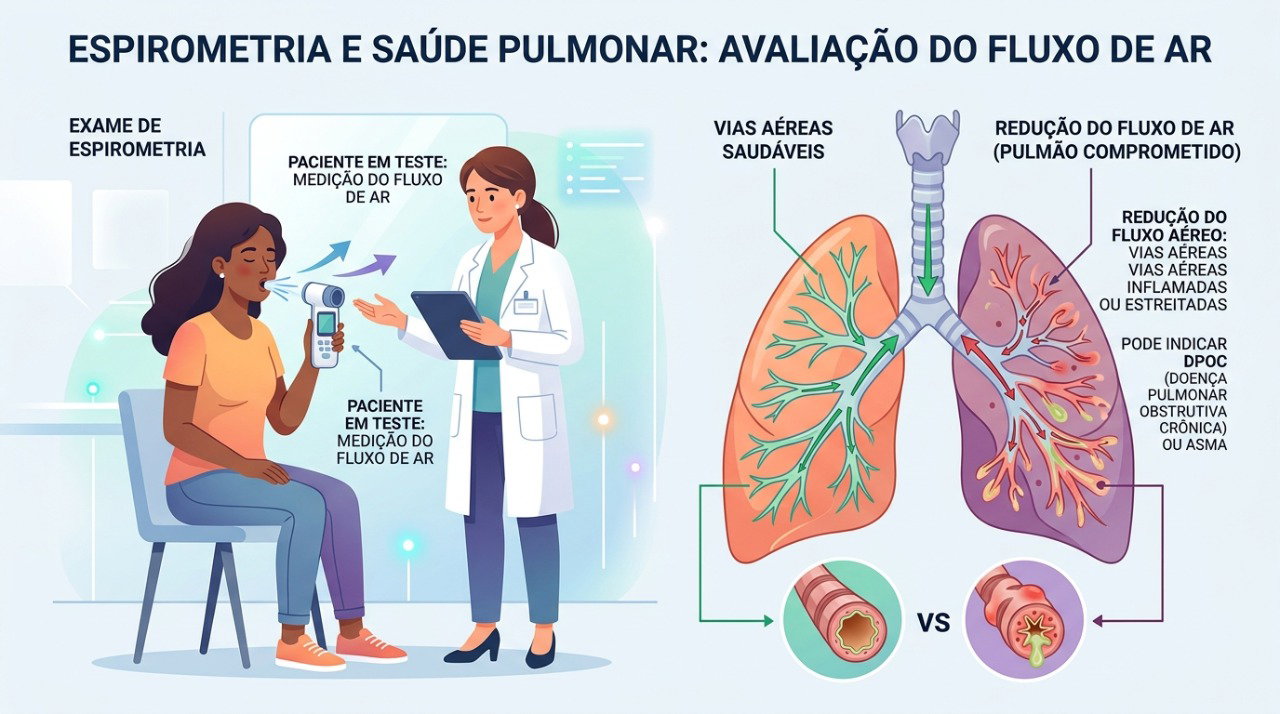 A espirometria ajuda a avaliar a passagem do ar pelos pulmões e a investigar doenças como a DPOC.