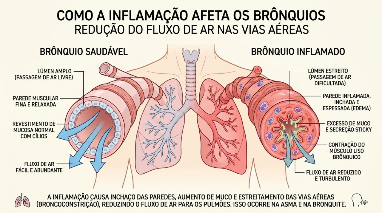 Na asma, a inflamação e o estreitamento dos brônquios podem causar tosse, chiado e falta de ar.