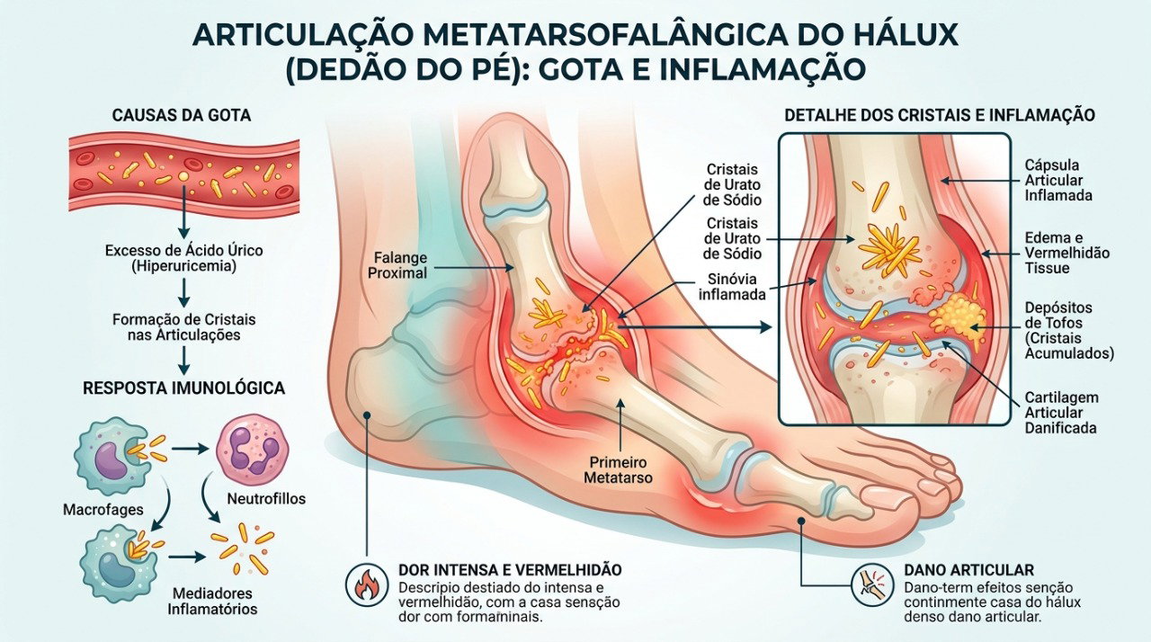Na gota, cristais de urato podem se acumular na articulação do dedão e provocar inflamação intensa.