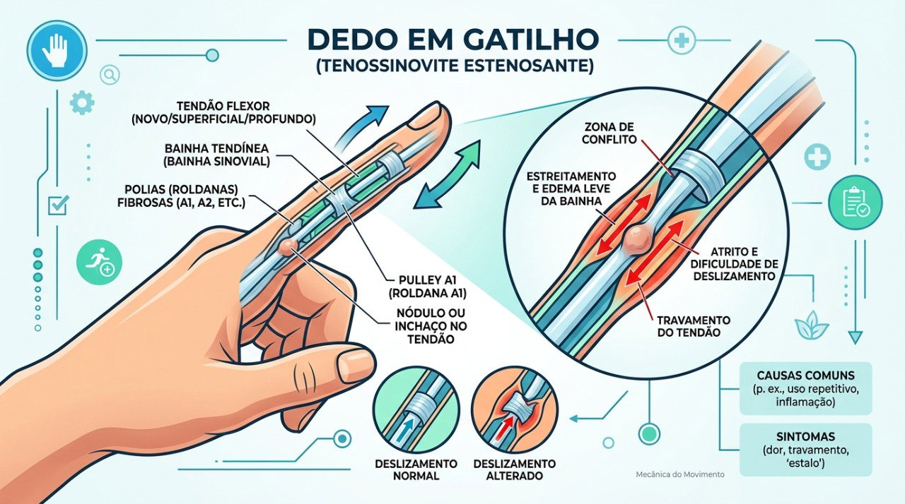 No dedo em gatilho, o tendão pode ter dificuldade para deslizar pela bainha e provocar estalos ou travamento.
