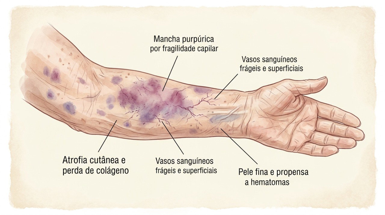 Com o envelhecimento, a pele mais fina pode facilitar o surgimento de hematomas após pequenos impactos.