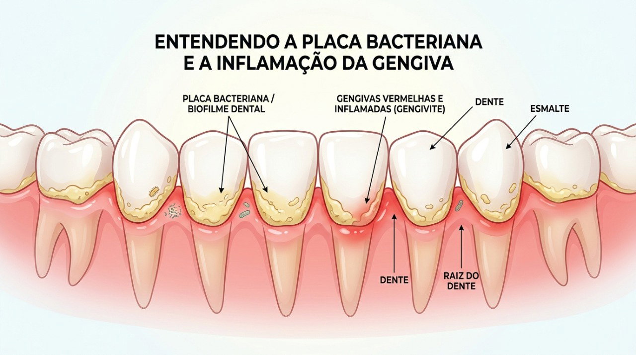 O acúmulo de placa junto aos dentes pode inflamar a gengiva e favorecer o sangramento.