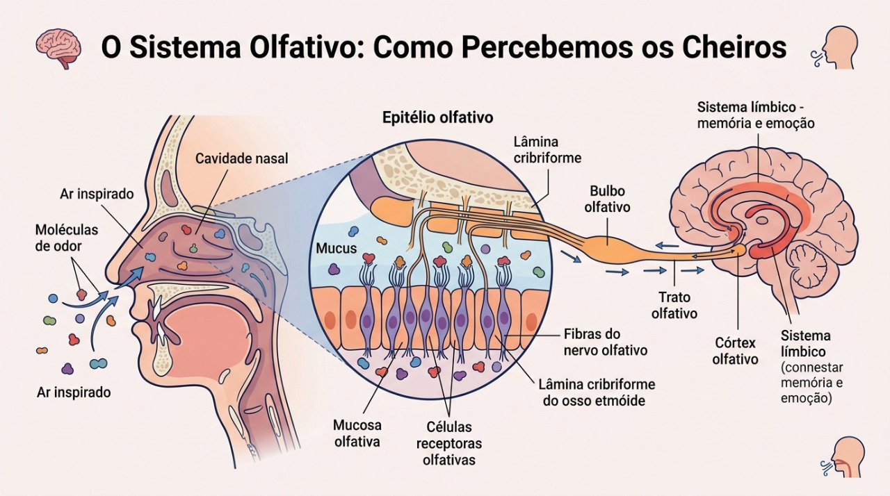 O olfato depende dos receptores do nariz e das vias nervosas que levam os sinais ao cérebro.