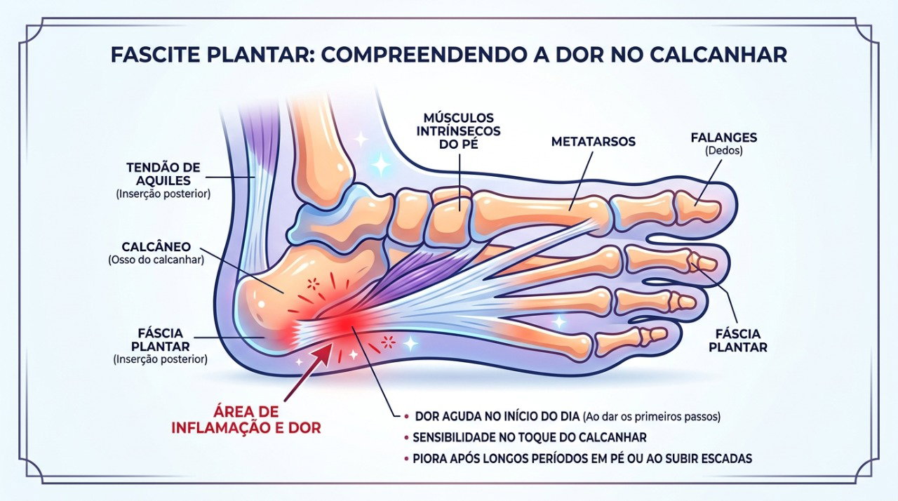 A fascite plantar costuma causar dor na região inferior do calcanhar, principalmente após períodos de repouso.