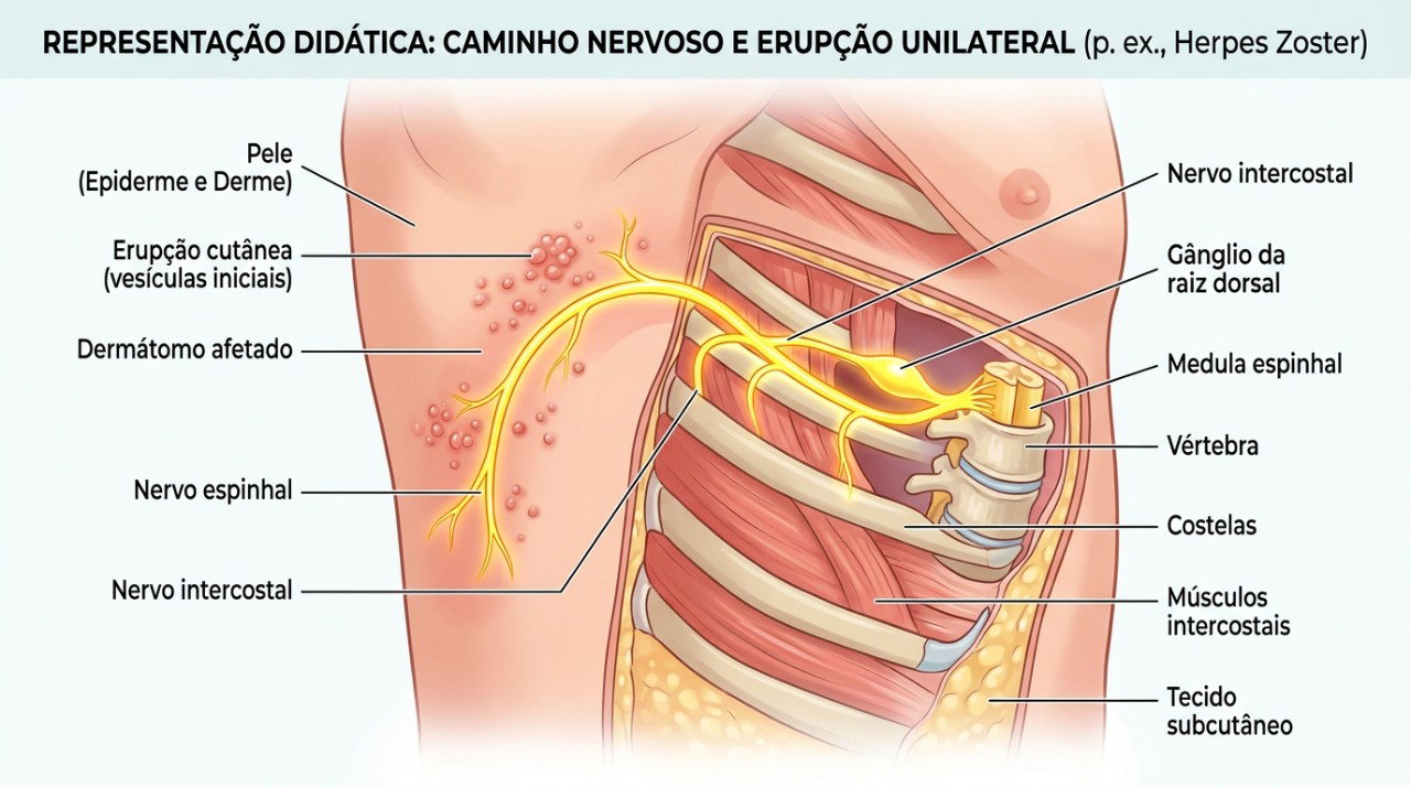 O herpes zoster costuma seguir o trajeto de um nervo e afetar uma faixa de pele de um único lado.