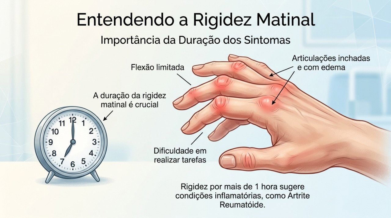 A duração da rigidez e sinais como inchaço ajudam na avaliação dos sintomas.