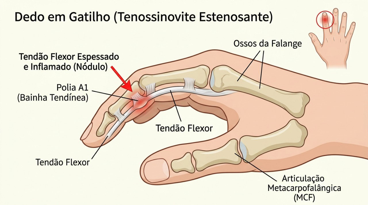 O espessamento do tendão e de sua passagem pode dificultar o movimento do dedo.