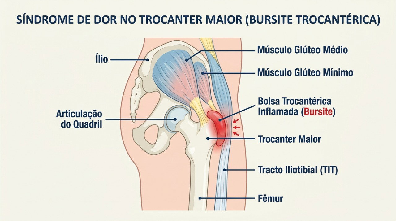 Bursas e tendões irritados na lateral do quadril podem doer mais sob pressão direta.