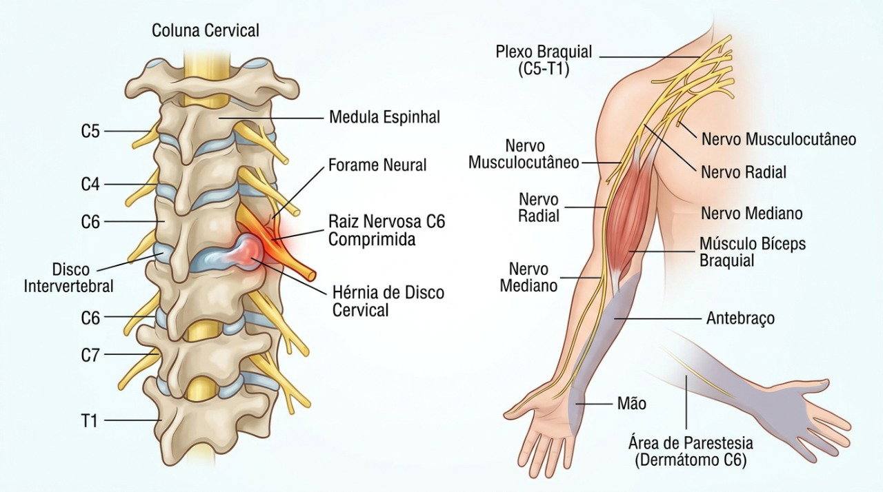 A compressão de uma raiz nervosa cervical pode causar dor, formigamento e fraqueza no braço.