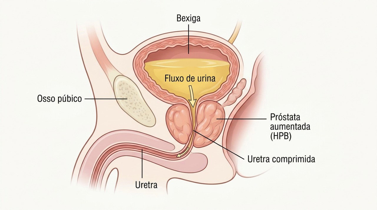 A próstata aumentada pode comprimir a uretra e dificultar a saída da urina.
