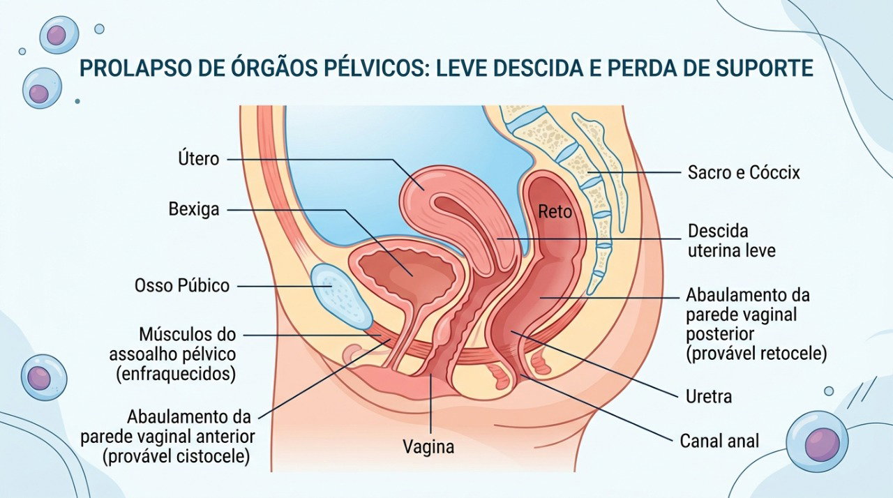 O prolapso ocorre quando estruturas da pelve perdem sustentação e descem em direção à vagina.